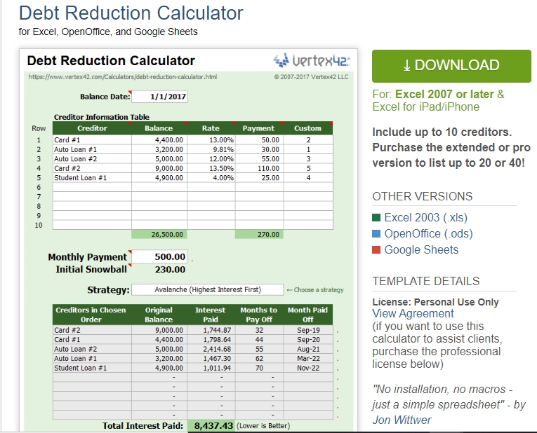 debt reduction calculator homescreen