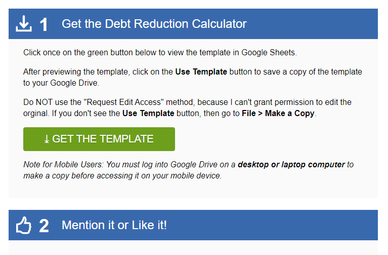 debt reduction calculator download screen