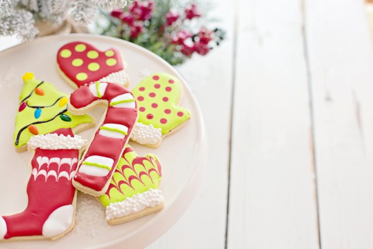 red and green Christmas cookies on a plate